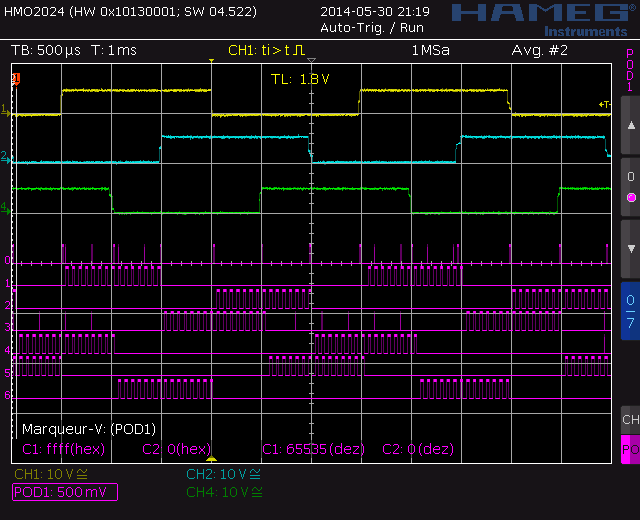 Oscilloscope capture of the sensors and clockwise commutation for a BLDC motors