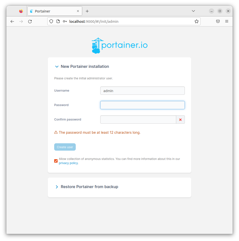 Portainer first start