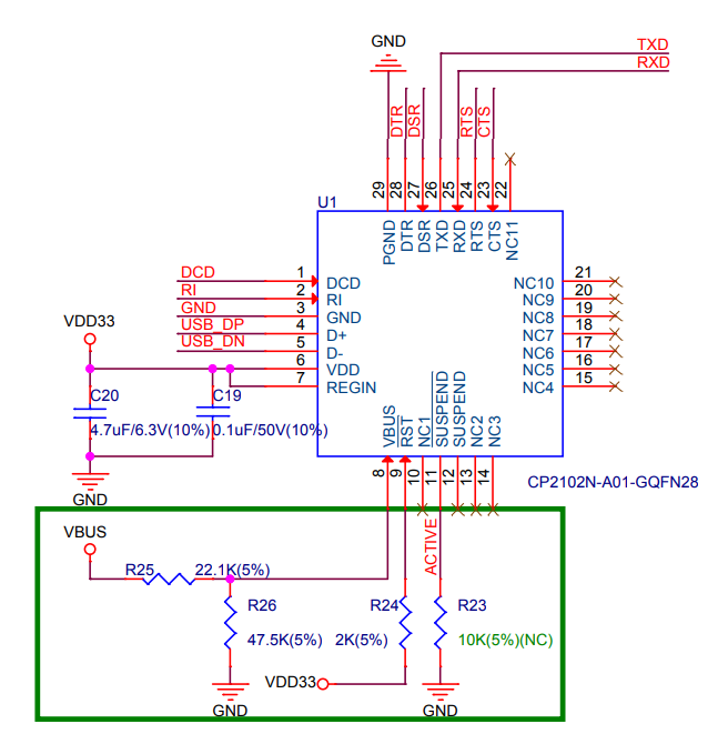 Schematic of the USB interface on ESP32 DevKitC v4