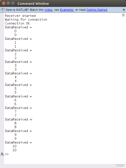 Screenshot of the Matlab TCP/IP receiver