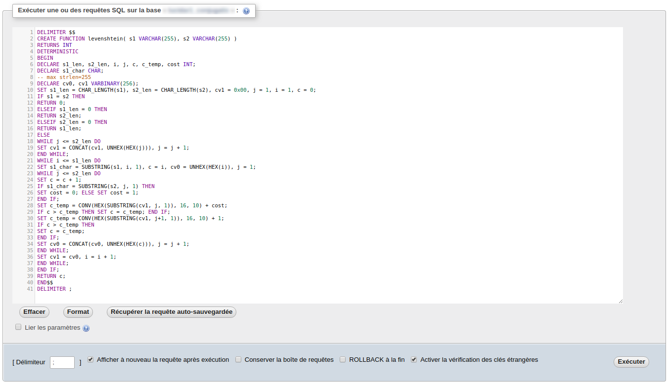 Implement the Levenshtein function in mySQL