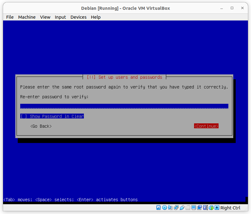 Confirm root password in Debian 11 installer