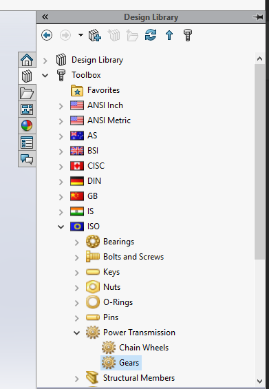 Menu Gear dans Solidwork 2016
