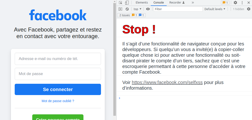 Le message de prévention dans la console de Facebook