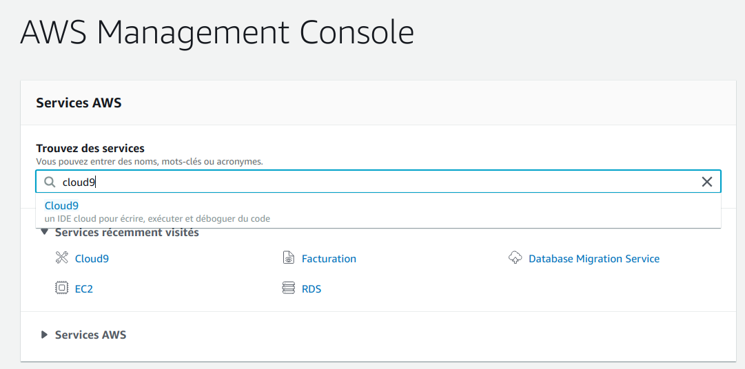 Sélection dus ervice cloud9 dans la console AWS