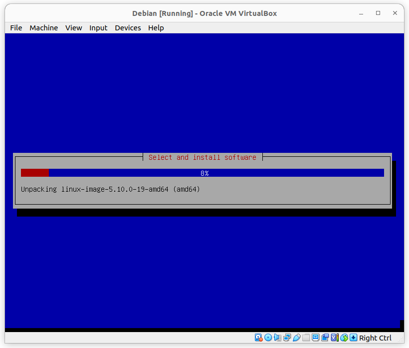 Barre de progression de l'installation des logiciels de Debian 11