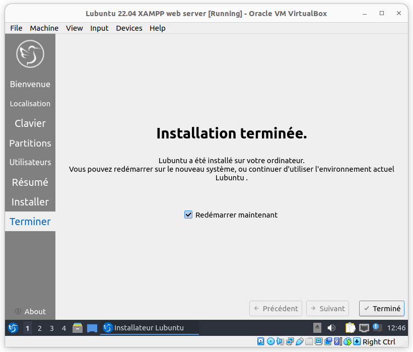 Redémarrage de Lubuntu après l'installation