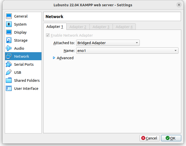 Paramètres réseau de VirtualBox