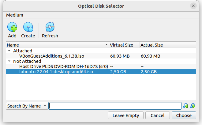 Sélection du fichier iso pour le premier ddémarrage de la machine virtuelle